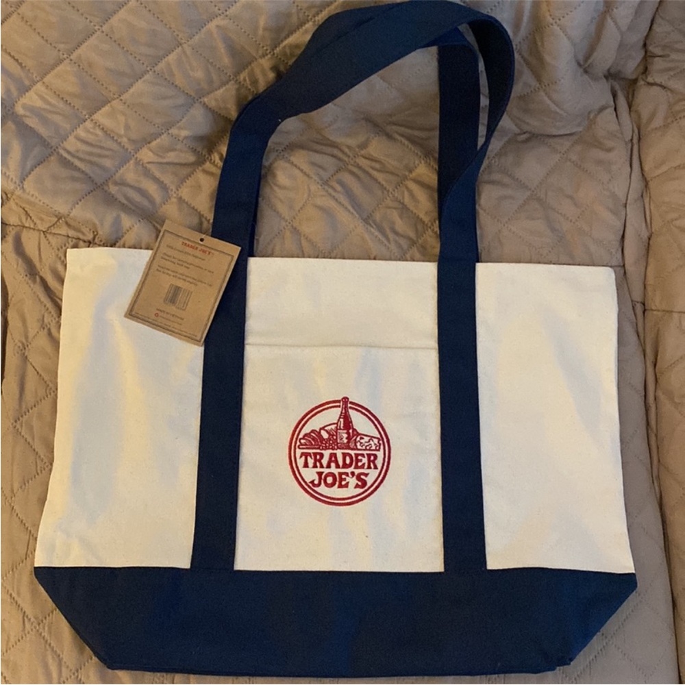 Trader Joes regular size tote Reusable Canvas Eco Tote Bag Blue White, NEW